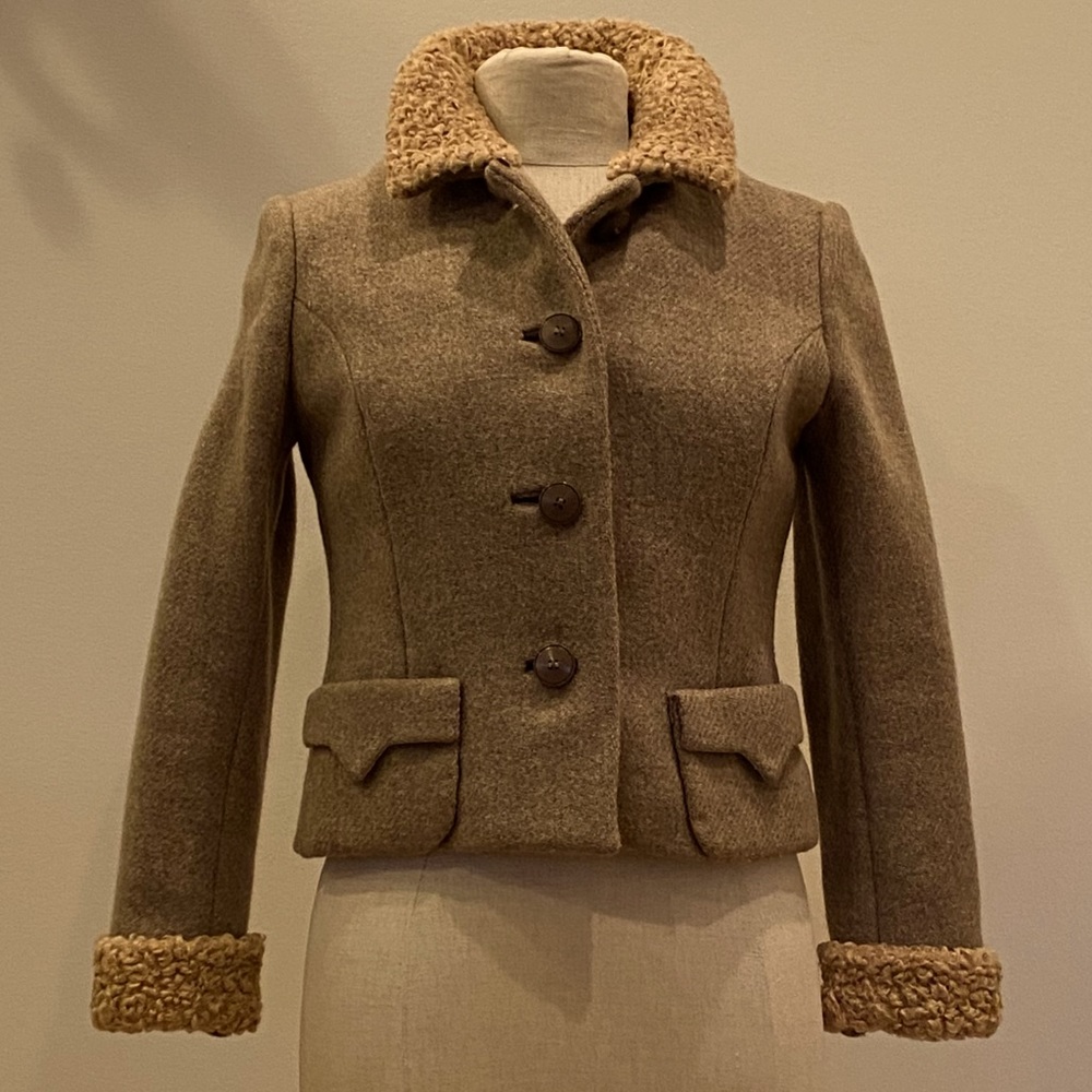 Vintage Brown Wool Blend Jacket with Sherpa Collar and Cuffs